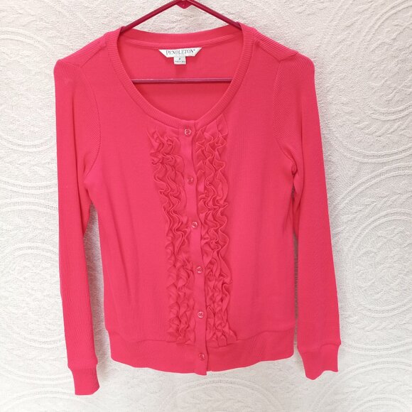 Coral Pink Ribbed Long Sleeved Shirt Ruffled Front & Buttons Size Petite (T-381) - Picture 3 of 8